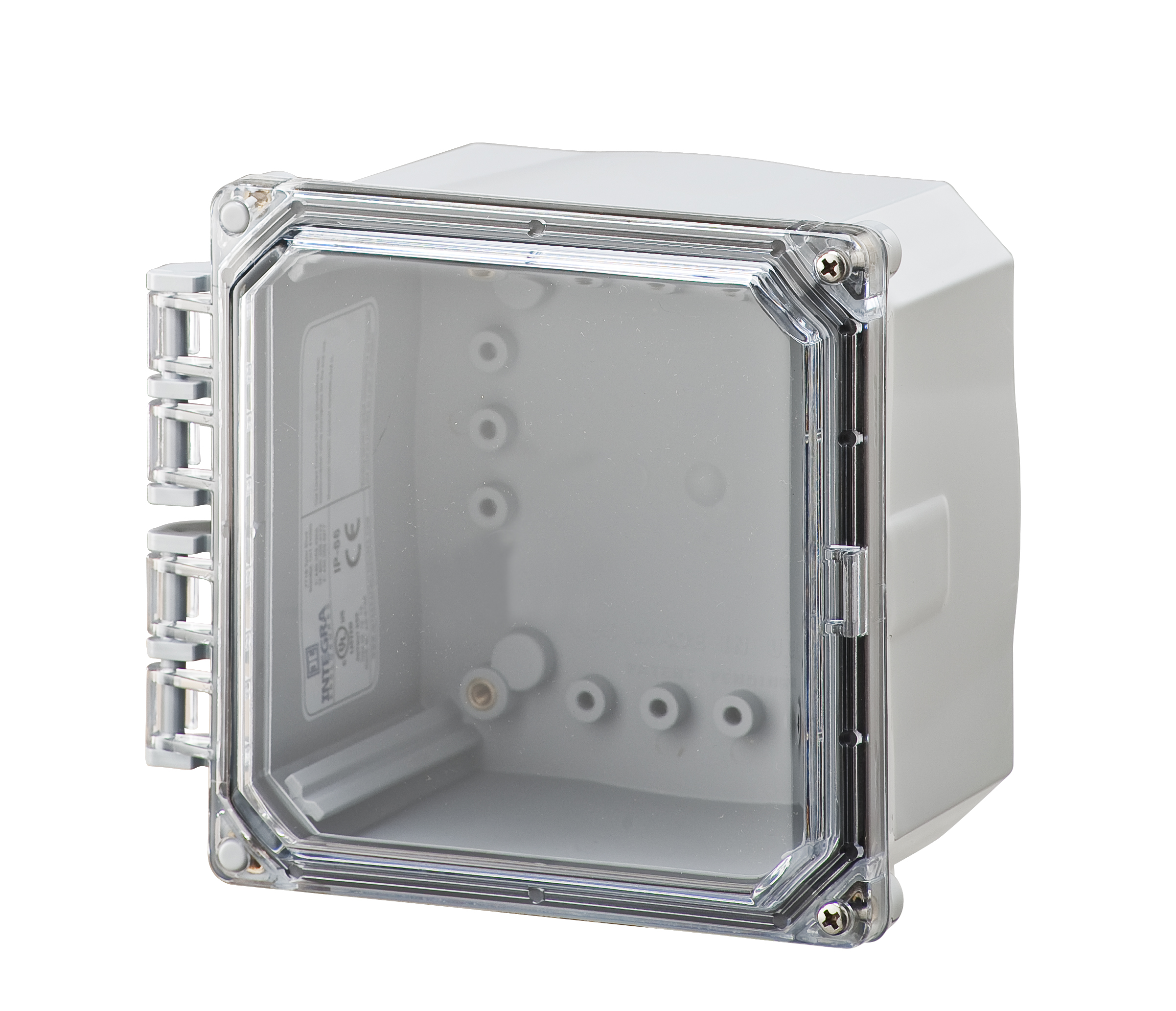 Integra Wallmount Enclosure; 6" x 6" x 4"; Polycarbonate; Transparent Cover; Hinge/Screw Connection; NEMA 4X